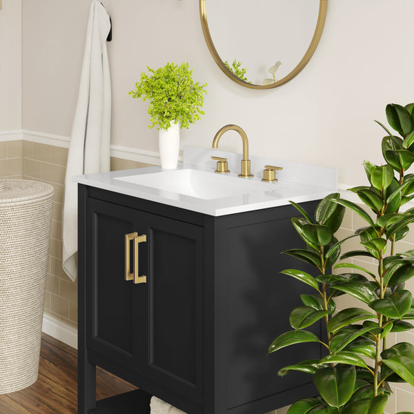Black Frame/Gold Hardware,30" |#| 30" Bathroom Vanity with Sink, Open Storage & Gold Hardware in Black
