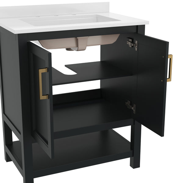 Black Frame/Gold Hardware,30" |#| 30" Bathroom Vanity with Sink, Open Storage & Gold Hardware in Black