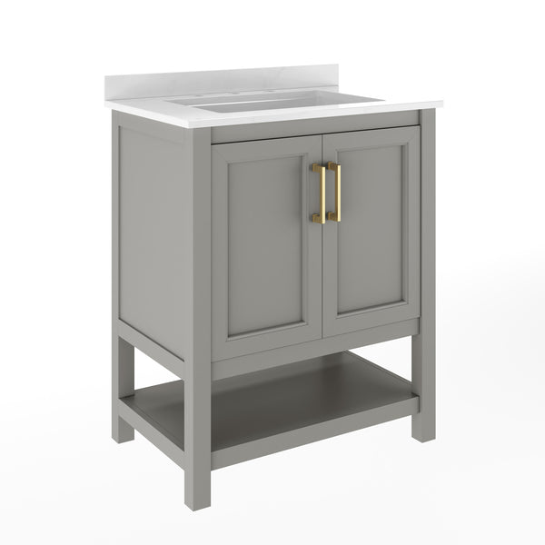 Gray Frame/Gold Hardware,30" |#| 30" Bathroom Vanity with Sink, Open Storage & Gold Hardware in Gray