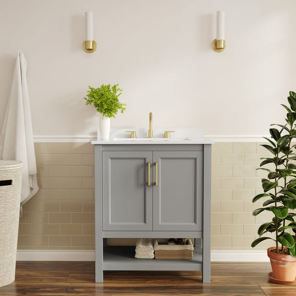 Gray Frame/Gold Hardware,30" |#| 30" Bathroom Vanity with Sink, Open Storage & Gold Hardware in Gray