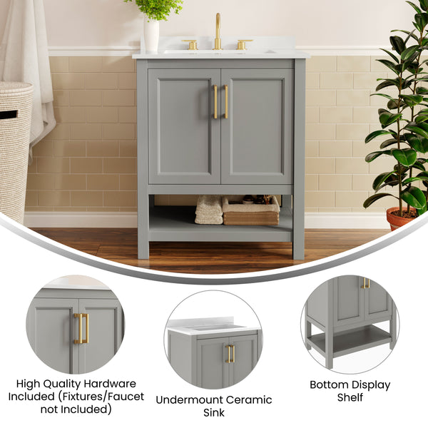 Gray Frame/Gold Hardware,30" |#| 30" Bathroom Vanity with Sink, Open Storage & Gold Hardware in Gray