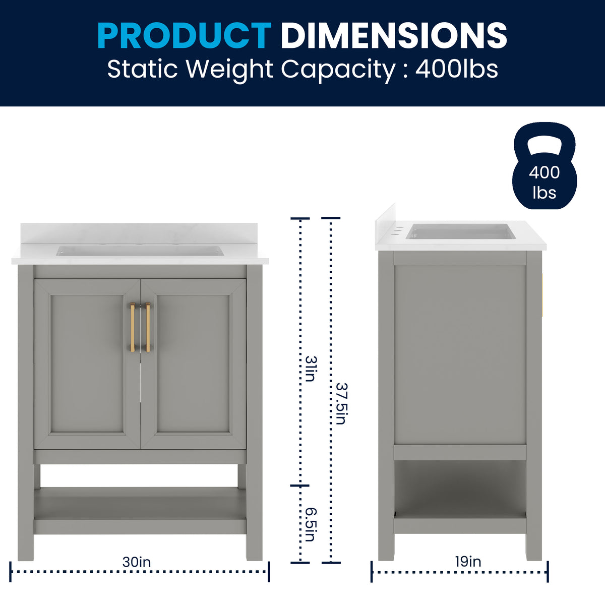 Gray Frame/Gold Hardware,30" |#| 30" Bathroom Vanity with Sink, Open Storage & Gold Hardware in Gray