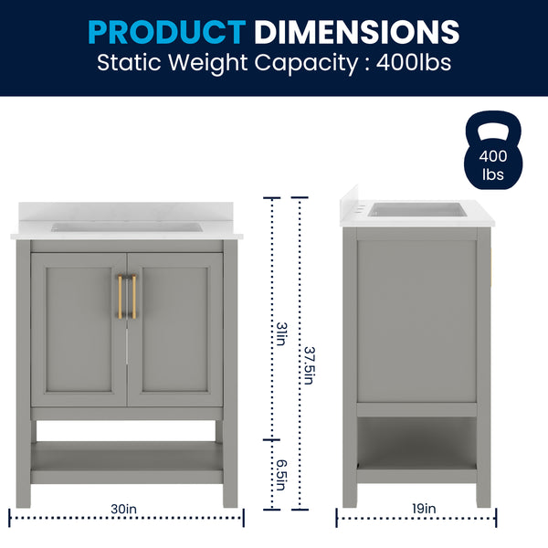 Gray Frame/Gold Hardware,30" |#| 30" Bathroom Vanity with Sink, Open Storage & Gold Hardware in Gray