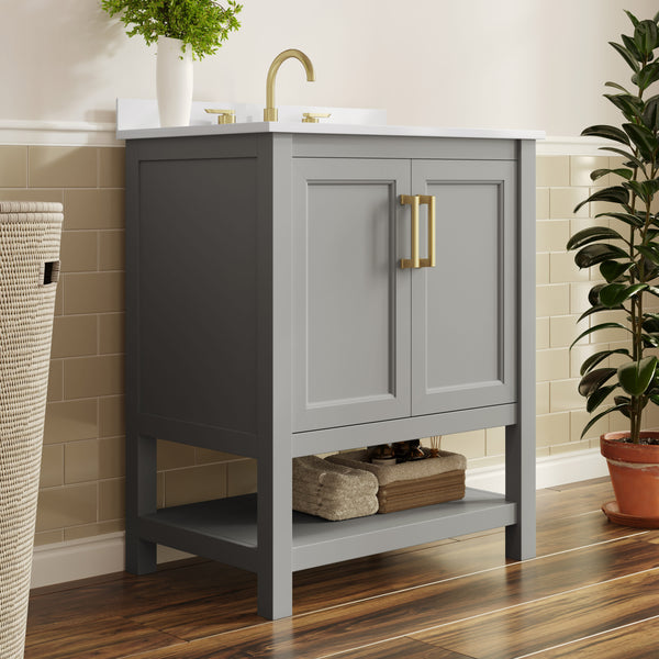 Gray Frame/Gold Hardware,30" |#| 30" Bathroom Vanity with Sink, Open Storage & Gold Hardware in Gray