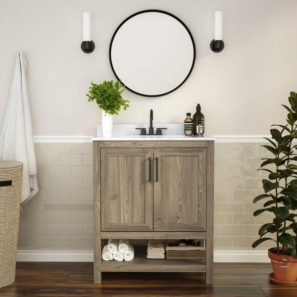 Brown,30inch |#| 30 Inch Bathroom Vanity with Undermount Sink and Open Storage Shelf in Brown