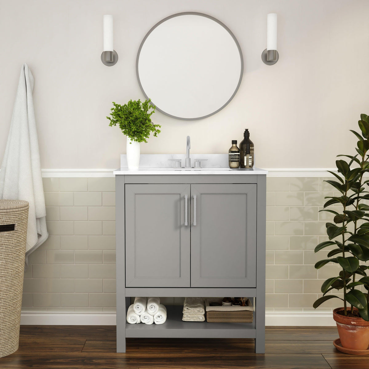 Gray,30inch |#| 30 Inch Bathroom Vanity with Undermount Sink and Open Storage Shelf in Gray