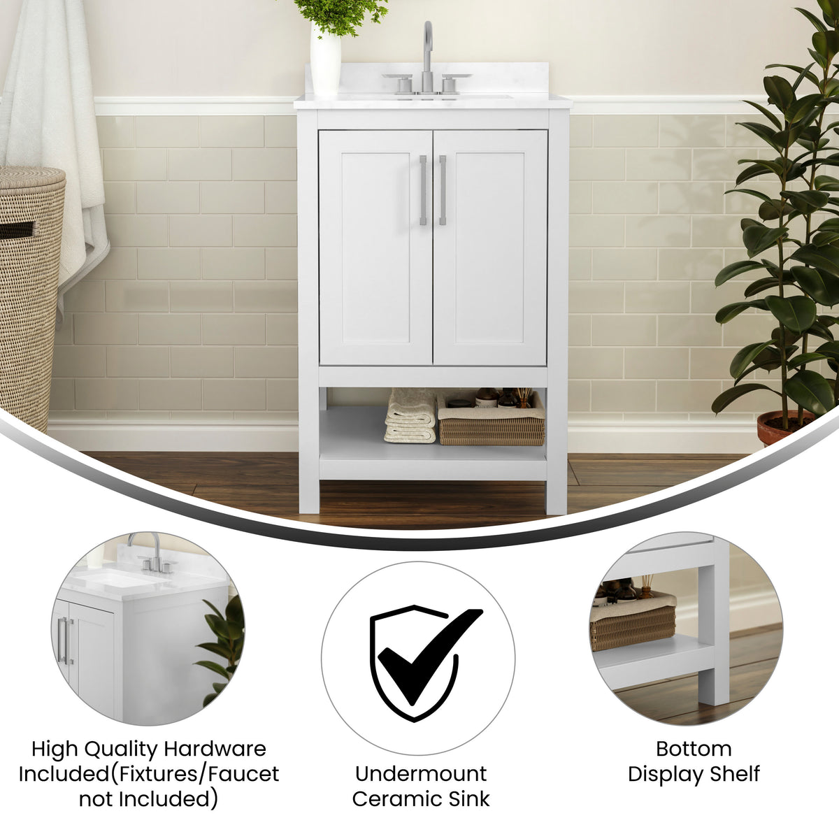 White,24" |#| 24 Inch Bathroom Vanity with Undermount Sink and Open Storage Shelf in White