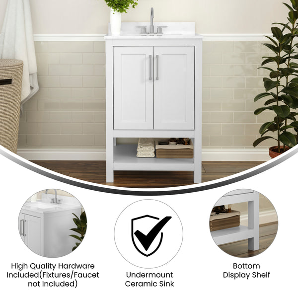 White,24" |#| 24 Inch Bathroom Vanity with Undermount Sink and Open Storage Shelf in White