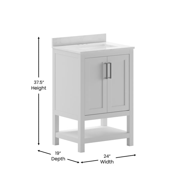 White,24" |#| 24 Inch Bathroom Vanity with Undermount Sink and Open Storage Shelf in White