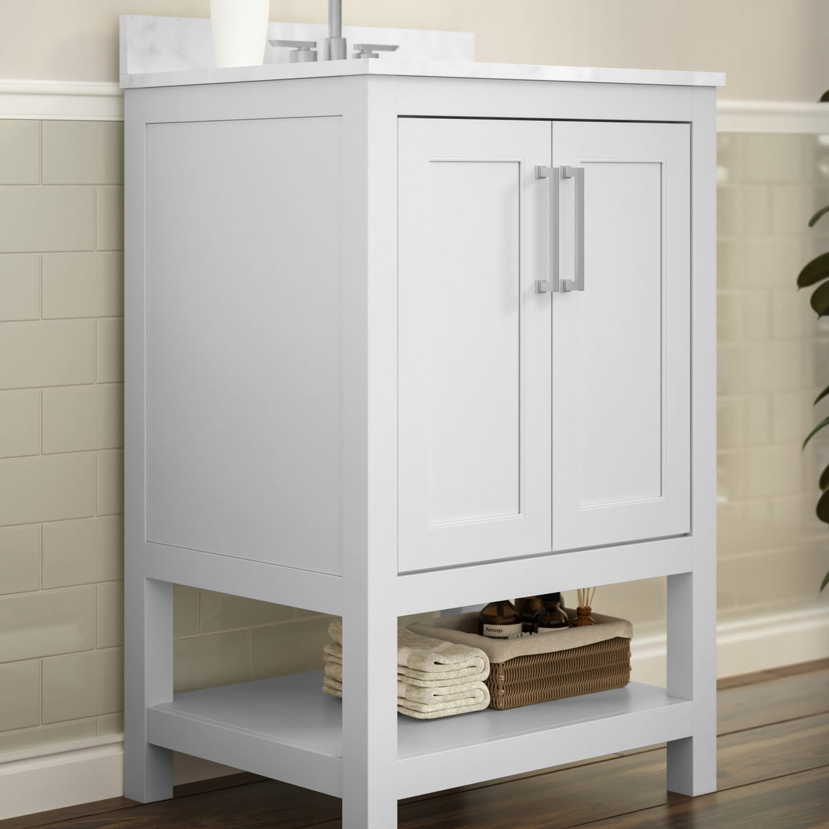 White,24" |#| 24 Inch Bathroom Vanity with Undermount Sink and Open Storage Shelf in White