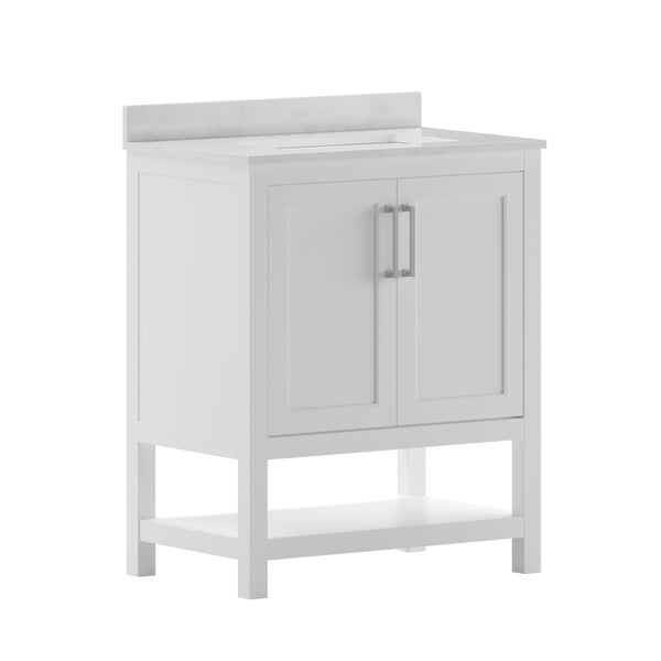White,30" |#| 30 Inch Bathroom Vanity with Undermount Sink and Open Storage Shelf in White