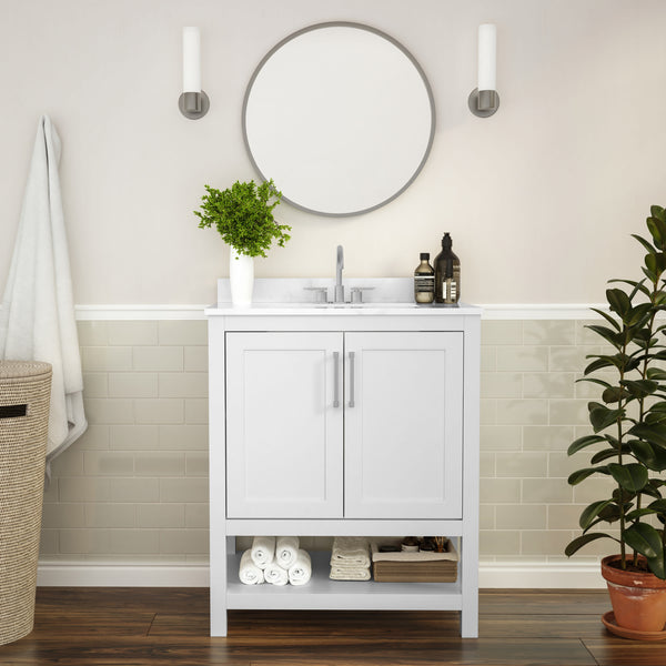 White,30" |#| 30 Inch Bathroom Vanity with Undermount Sink and Open Storage Shelf in White