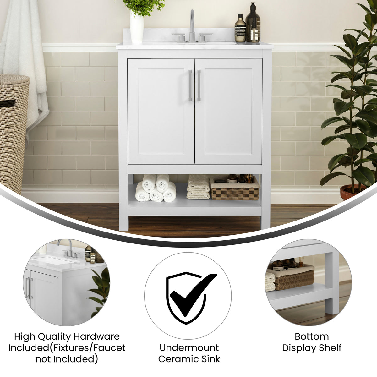 White,30" |#| 30 Inch Bathroom Vanity with Undermount Sink and Open Storage Shelf in White