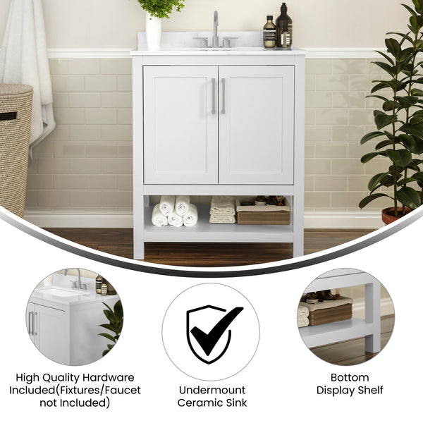 White,30" |#| 30 Inch Bathroom Vanity with Undermount Sink and Open Storage Shelf in White