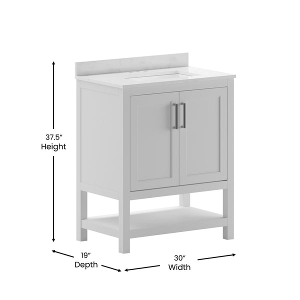 White,30" |#| 30 Inch Bathroom Vanity with Undermount Sink and Open Storage Shelf in White