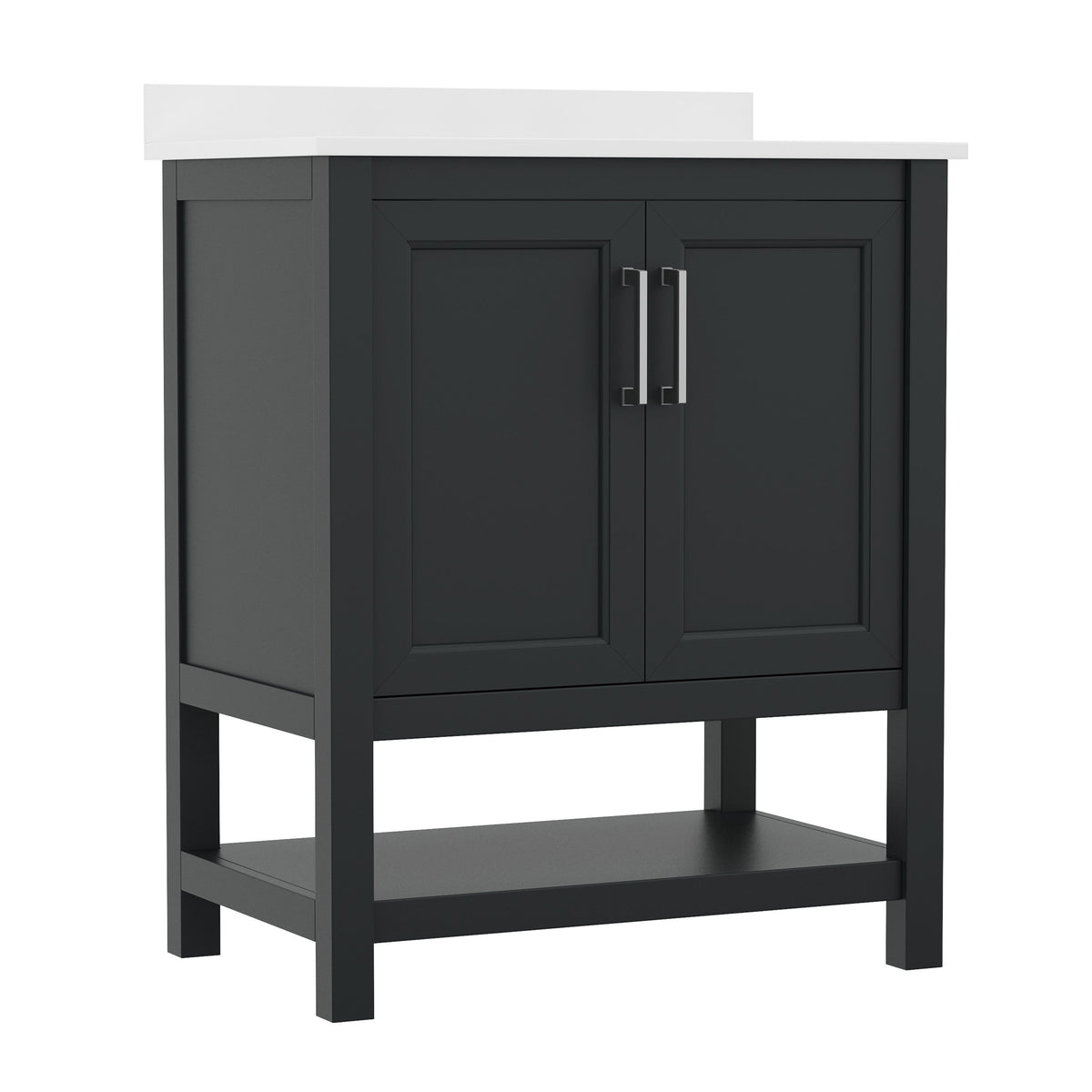Black Frame/Nickel Hardware,30" |#| 30 Inch Bathroom Vanity with Undermount Sink and Open Storage Shelf in Black