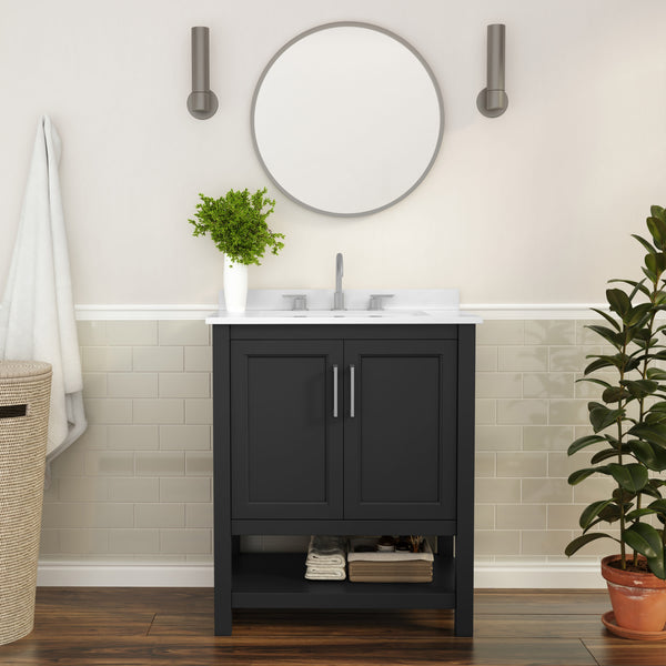 Black Frame/Nickel Hardware,30" |#| 30 Inch Bathroom Vanity with Undermount Sink and Open Storage Shelf in Black