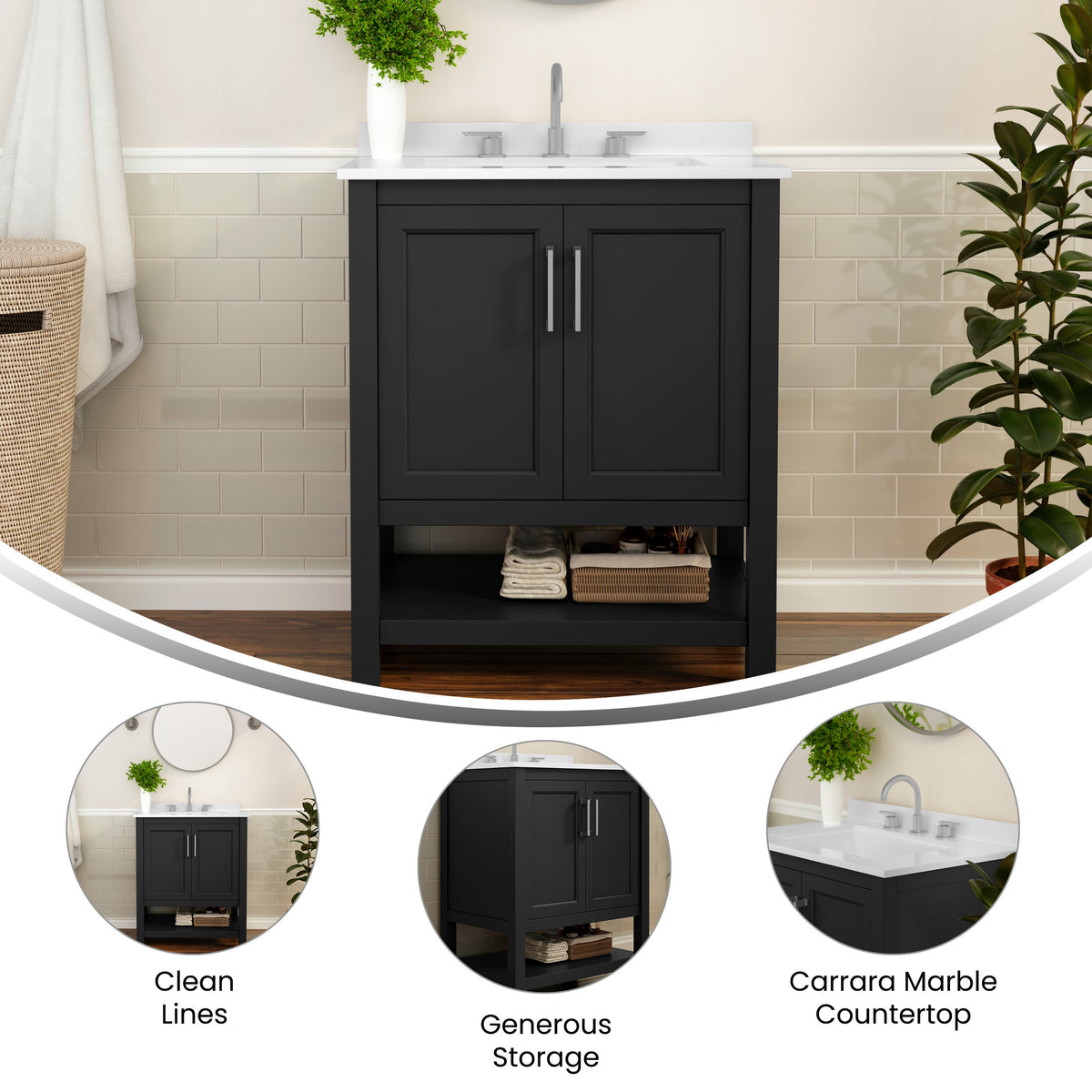 Black Frame/Nickel Hardware,30" |#| 30 Inch Bathroom Vanity with Undermount Sink and Open Storage Shelf in Black