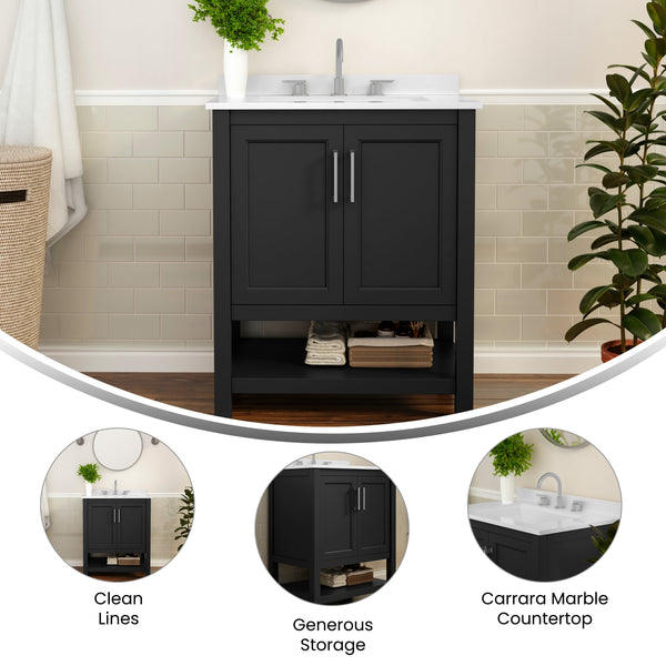 Black Frame/Nickel Hardware,30" |#| 30 Inch Bathroom Vanity with Undermount Sink and Open Storage Shelf in Black