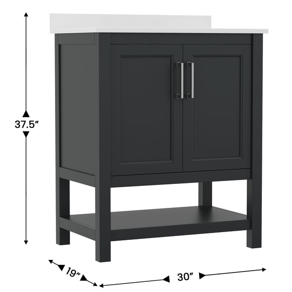 Black Frame/Nickel Hardware,30" |#| 30 Inch Bathroom Vanity with Undermount Sink and Open Storage Shelf in Black