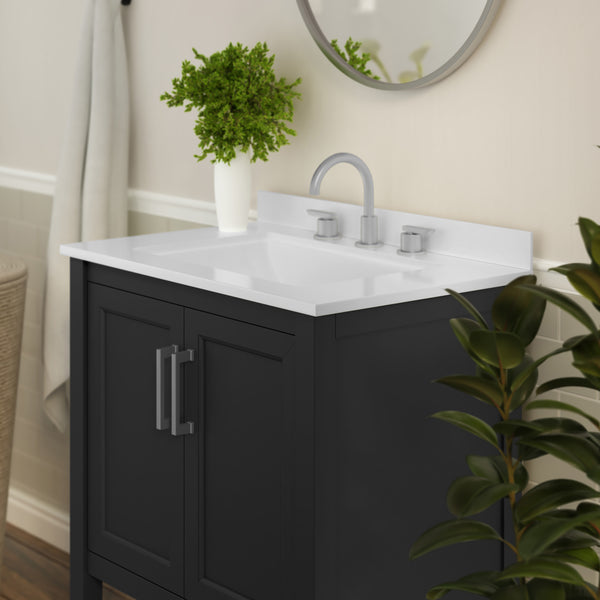 Black Frame/Nickel Hardware,30" |#| 30 Inch Bathroom Vanity with Undermount Sink and Open Storage Shelf in Black
