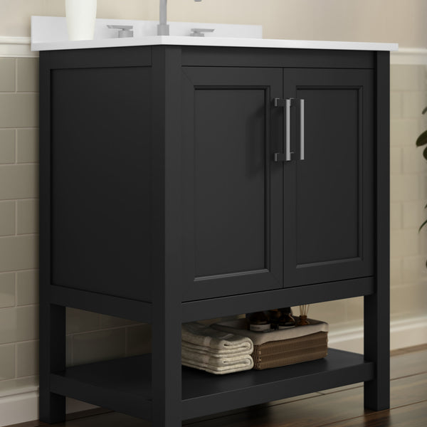 Black Frame/Nickel Hardware,30" |#| 30 Inch Bathroom Vanity with Undermount Sink and Open Storage Shelf in Black