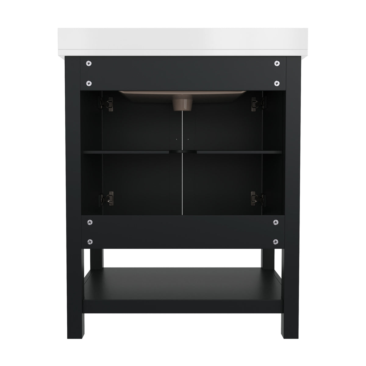 Black Frame/Nickel Hardware,30" |#| 30 Inch Bathroom Vanity with Undermount Sink and Open Storage Shelf in Black