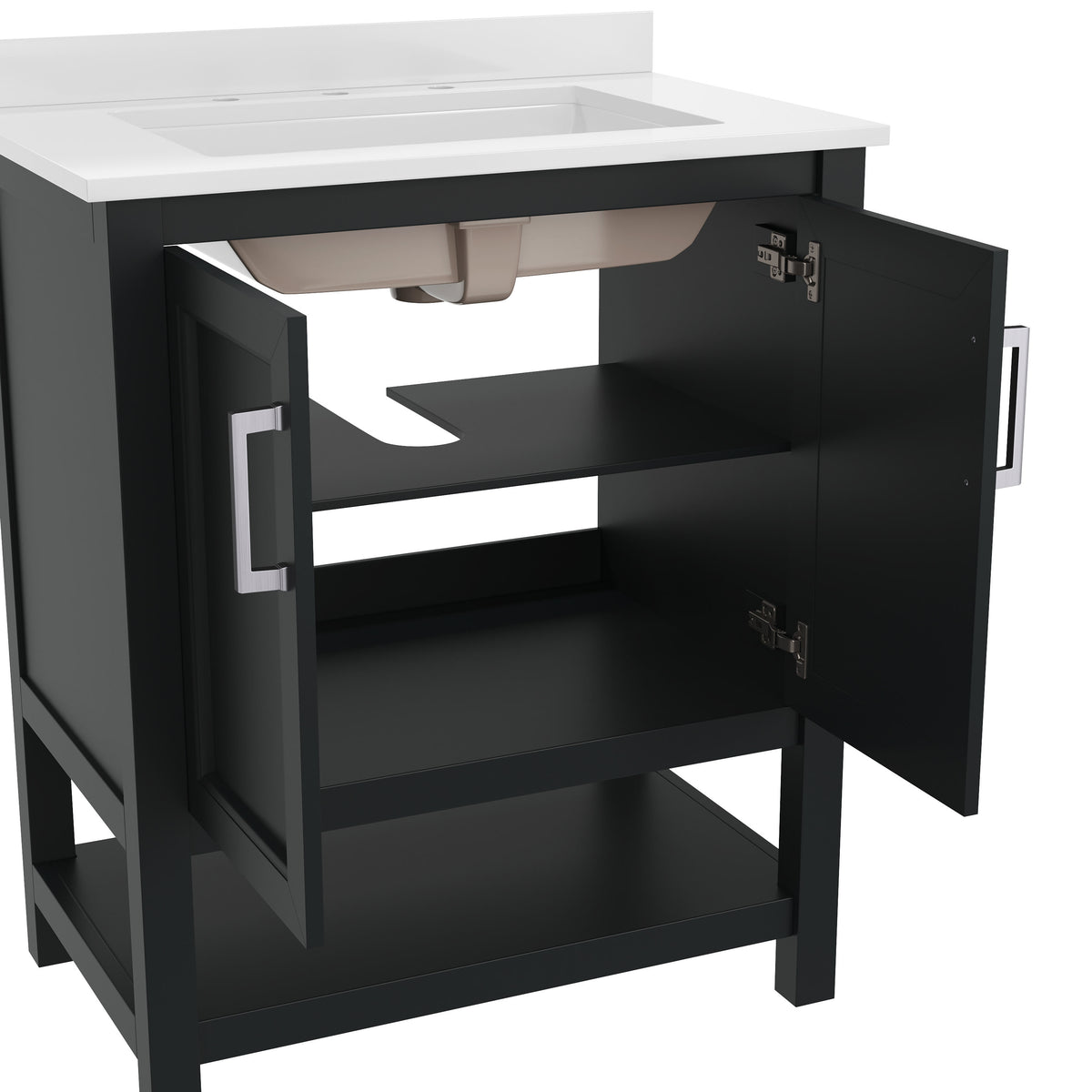 Black Frame/Nickel Hardware,30" |#| 30 Inch Bathroom Vanity with Undermount Sink and Open Storage Shelf in Black