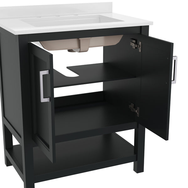 Black Frame/Nickel Hardware,30" |#| 30 Inch Bathroom Vanity with Undermount Sink and Open Storage Shelf in Black