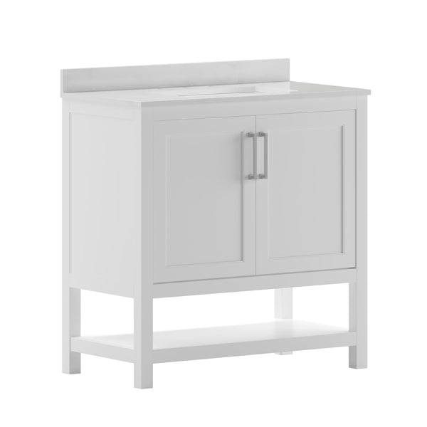 White,36" |#| 36 Inch Bathroom Vanity with Undermount Sink and Open Storage Shelf in White