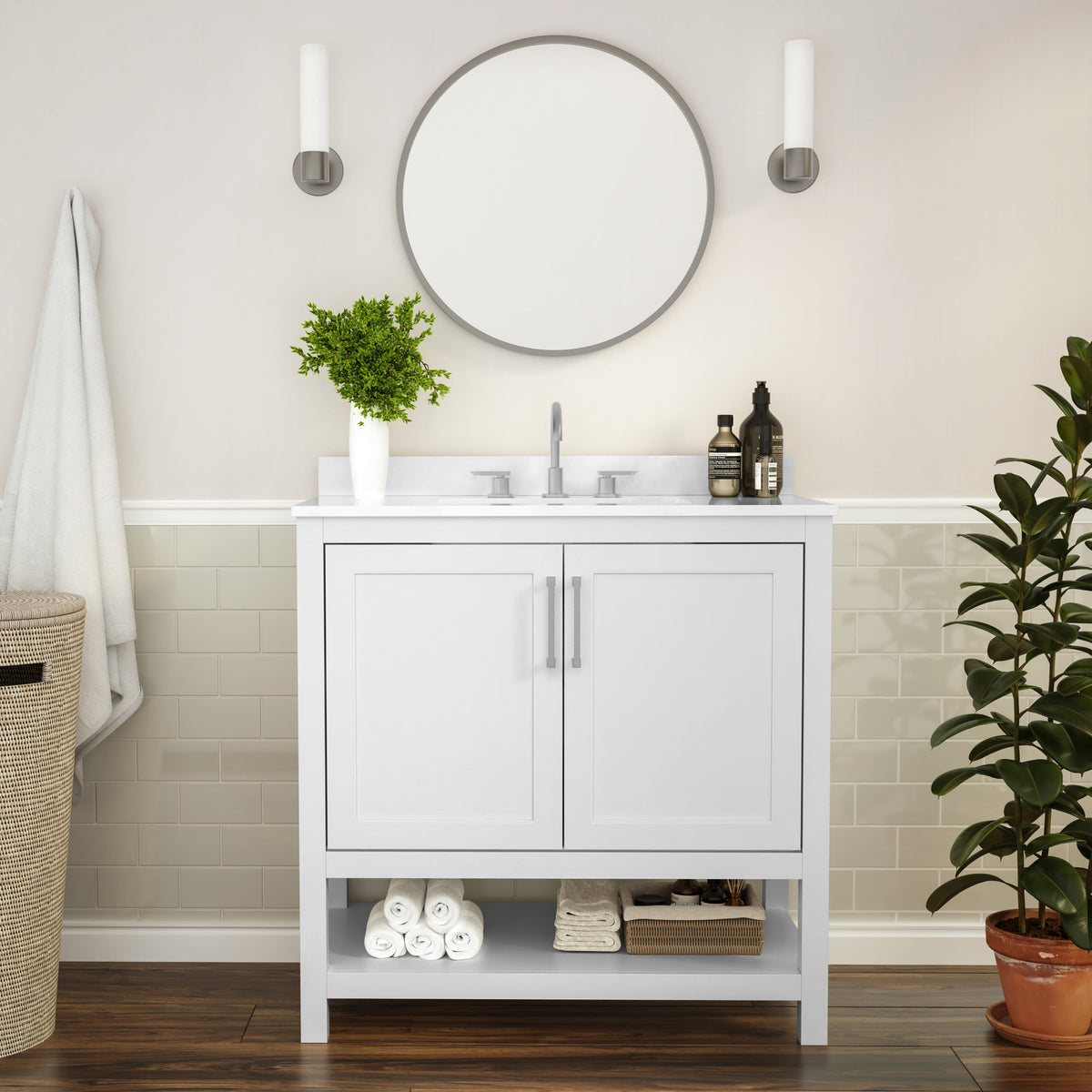 White,36" |#| 36 Inch Bathroom Vanity with Undermount Sink and Open Storage Shelf in White