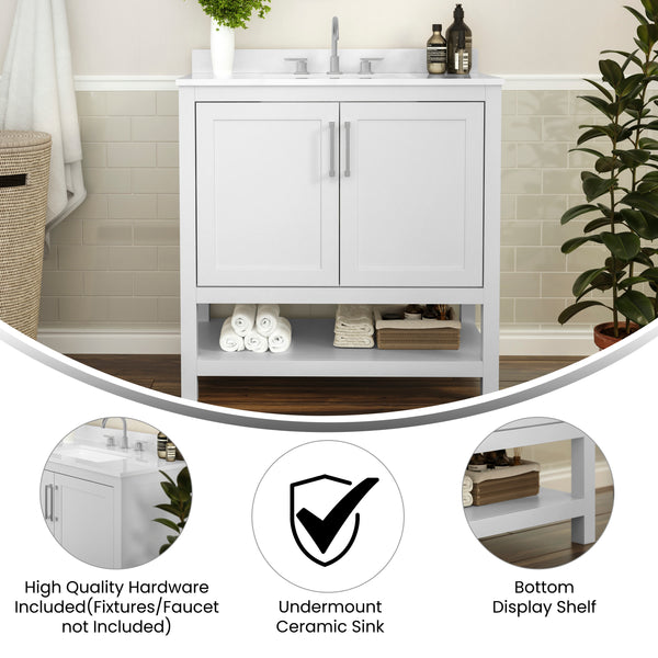 White,36" |#| 36 Inch Bathroom Vanity with Undermount Sink and Open Storage Shelf in White