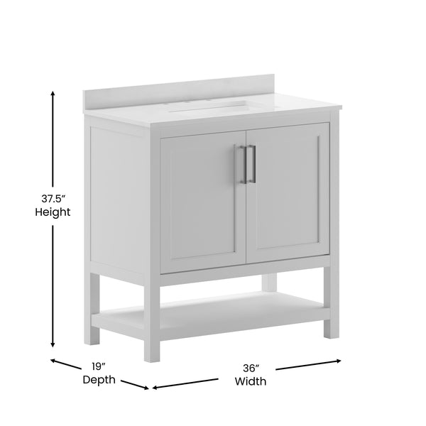 White,36" |#| 36 Inch Bathroom Vanity with Undermount Sink and Open Storage Shelf in White