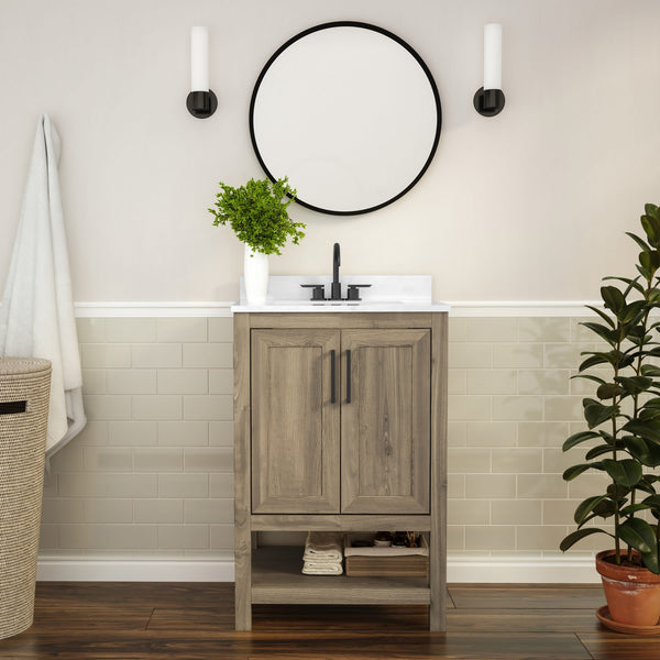 Brown,24" |#| 24 Inch Bathroom Vanity with Undermount Sink and Open Storage Shelf in Brown