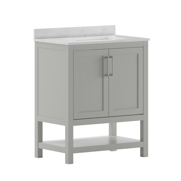 Gray,30" |#| 30 Inch Bathroom Vanity with Undermount Sink and Open Storage Shelf in Gray