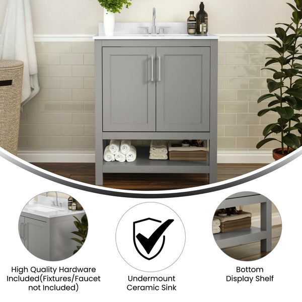 Gray,30" |#| 30 Inch Bathroom Vanity with Undermount Sink and Open Storage Shelf in Gray