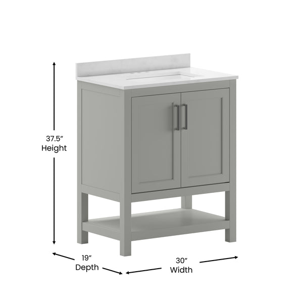 Gray,30" |#| 30 Inch Bathroom Vanity with Undermount Sink and Open Storage Shelf in Gray
