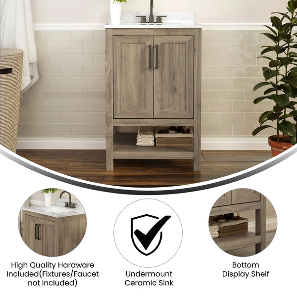 Brown,24" |#| 24 Inch Bathroom Vanity with Undermount Sink and Open Storage Shelf in Brown