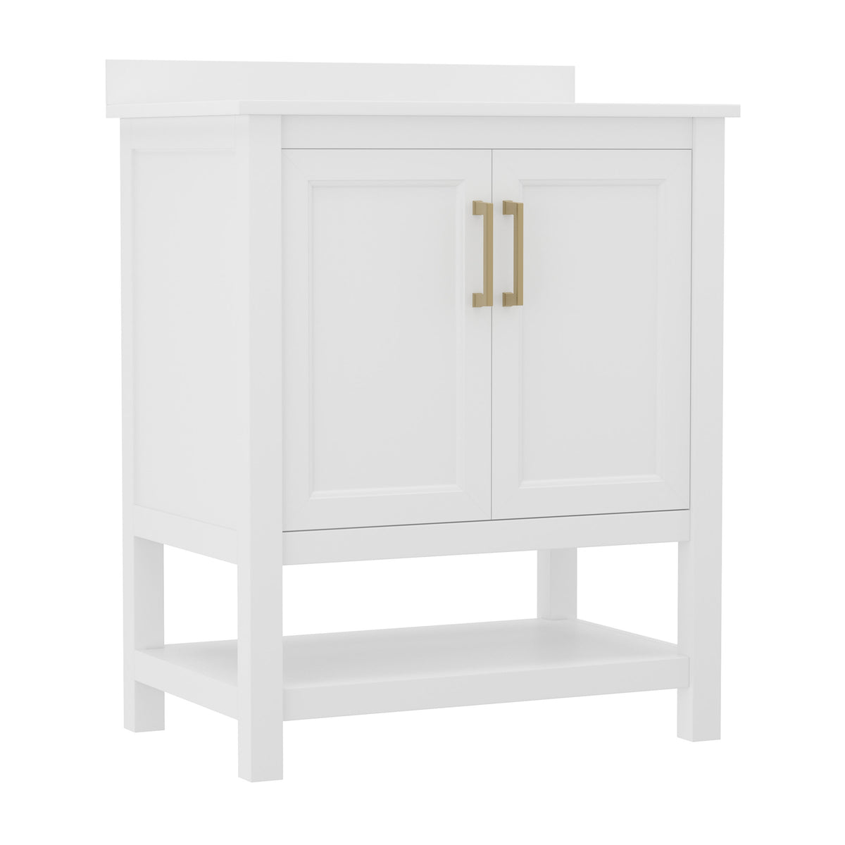 White Frame/Gold Hardware,30" |#| 30 Inch Bathroom Vanity with Undermount Sink and Open Storage Shelf in Wht/Gold