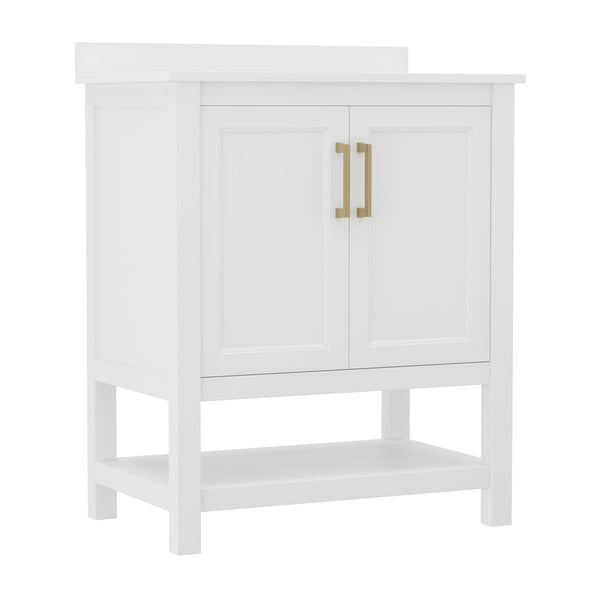 White Frame/Gold Hardware,30" |#| 30 Inch Bathroom Vanity with Undermount Sink and Open Storage Shelf in Wht/Gold