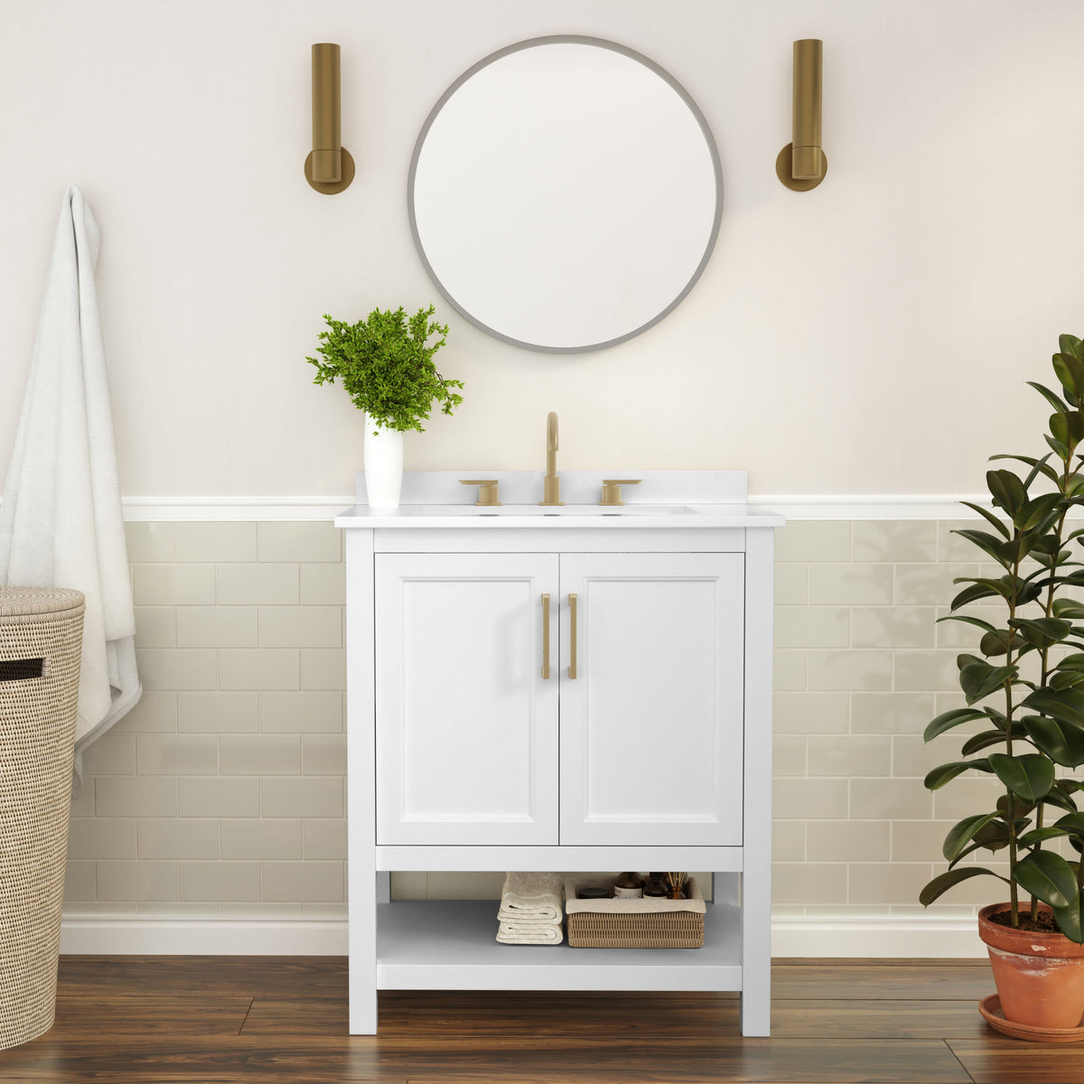 White Frame/Gold Hardware,30" |#| 30 Inch Bathroom Vanity with Undermount Sink and Open Storage Shelf in Wht/Gold