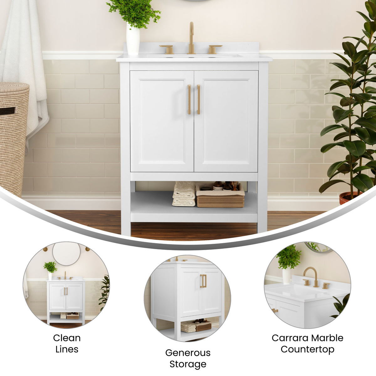 White Frame/Gold Hardware,30" |#| 30 Inch Bathroom Vanity with Undermount Sink and Open Storage Shelf in Wht/Gold