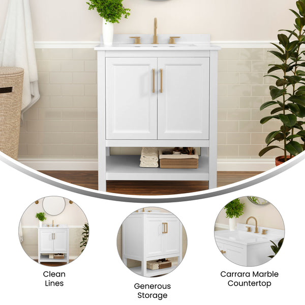 White Frame/Gold Hardware,30" |#| 30 Inch Bathroom Vanity with Undermount Sink and Open Storage Shelf in Wht/Gold