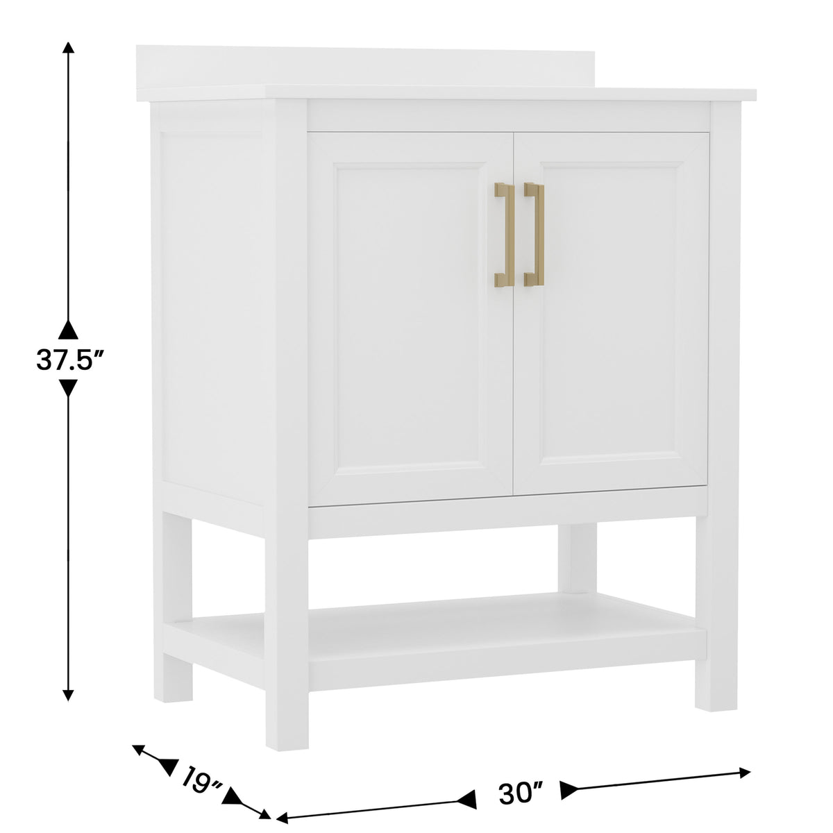 White Frame/Gold Hardware,30" |#| 30 Inch Bathroom Vanity with Undermount Sink and Open Storage Shelf in Wht/Gold