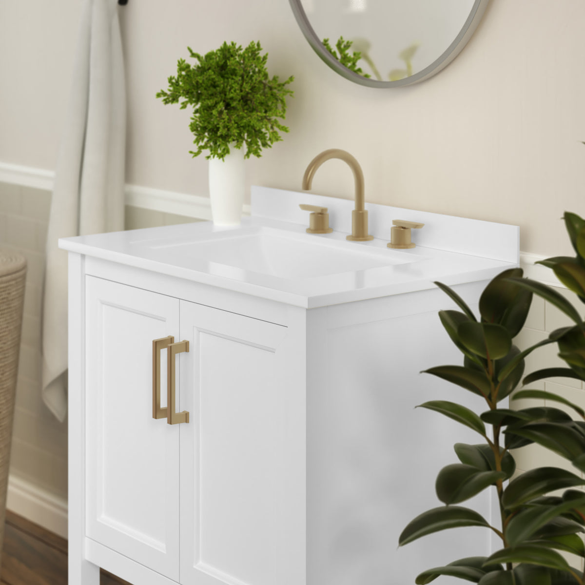 White Frame/Gold Hardware,30" |#| 30 Inch Bathroom Vanity with Undermount Sink and Open Storage Shelf in Wht/Gold