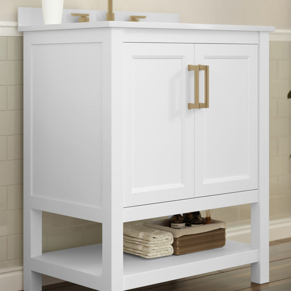 White Frame/Gold Hardware,30" |#| 30 Inch Bathroom Vanity with Undermount Sink and Open Storage Shelf in Wht/Gold