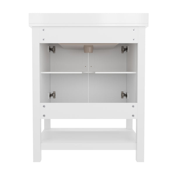 White Frame/Gold Hardware,30" |#| 30 Inch Bathroom Vanity with Undermount Sink and Open Storage Shelf in Wht/Gold
