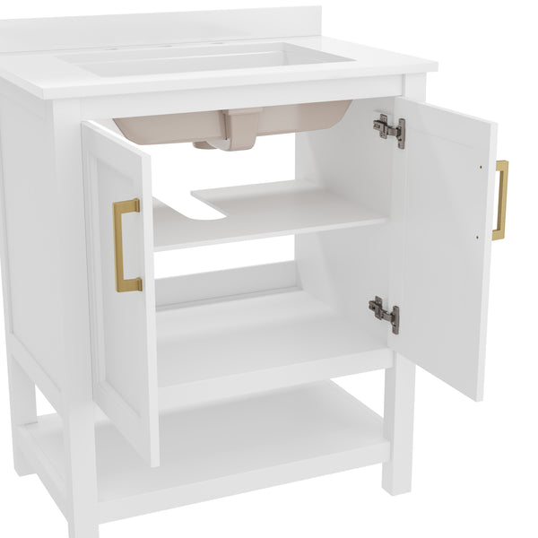 White Frame/Gold Hardware,30" |#| 30 Inch Bathroom Vanity with Undermount Sink and Open Storage Shelf in Wht/Gold