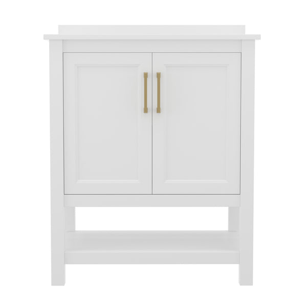 White Frame/Gold Hardware,30" |#| 30 Inch Bathroom Vanity with Undermount Sink and Open Storage Shelf in Wht/Gold