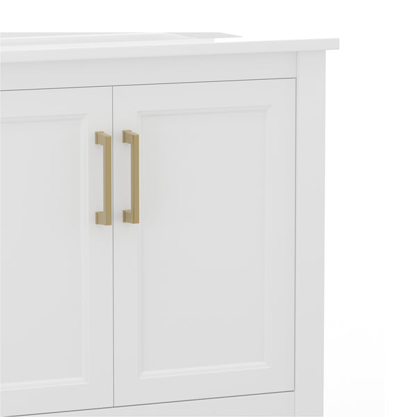 White Frame/Gold Hardware,30" |#| 30 Inch Bathroom Vanity with Undermount Sink and Open Storage Shelf in Wht/Gold